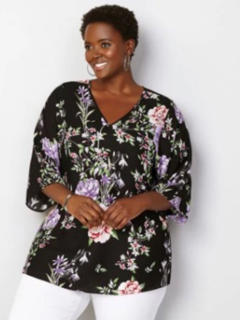 Avenue 3X 26/28 Floral Top V-Neck 3/4 Sleeves Criss Cross In Back Black NWT